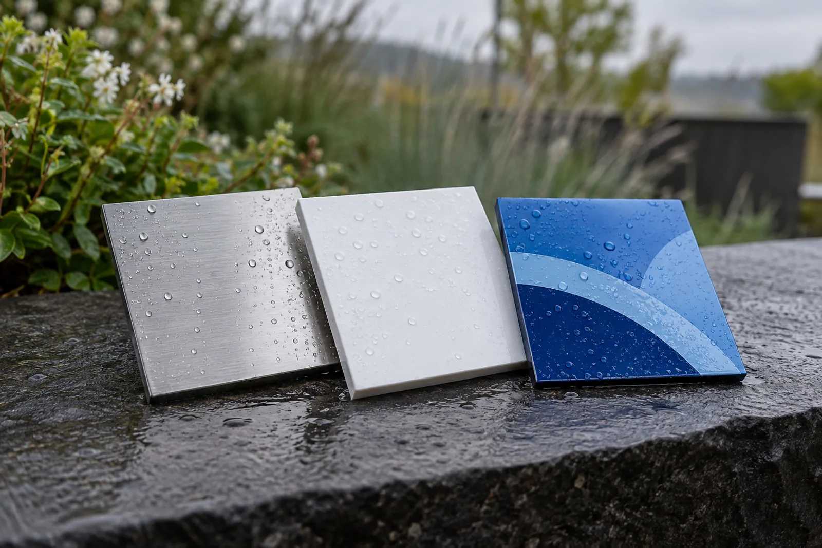 Drei Materialmuster mit Metalloberfläche, weißer Platte und blauem Druck auf regennassem Stein.