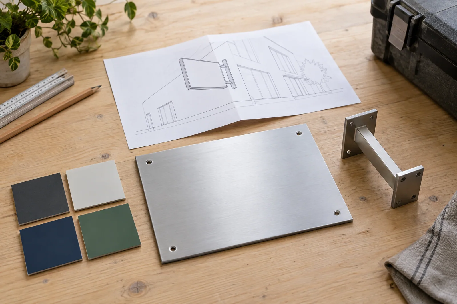 Fassadenskizze, Aluminiumplatte, Befestigungswinkel und Farbmuster auf einem hellen Planungstisch.