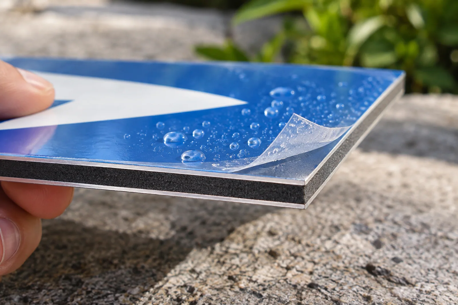 Nahaufnahme einer blau bedruckten Verbundplatte mit sichtbarer Schnittkante, Wasserperlen und angehobener transparenter Schutzfolie.