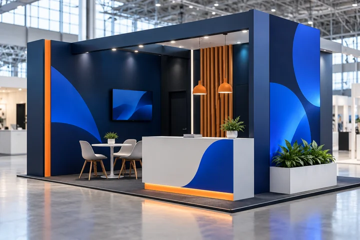 Gestaltungsbeispiel eines modularen Messestands in Blau, Weiß und Orange